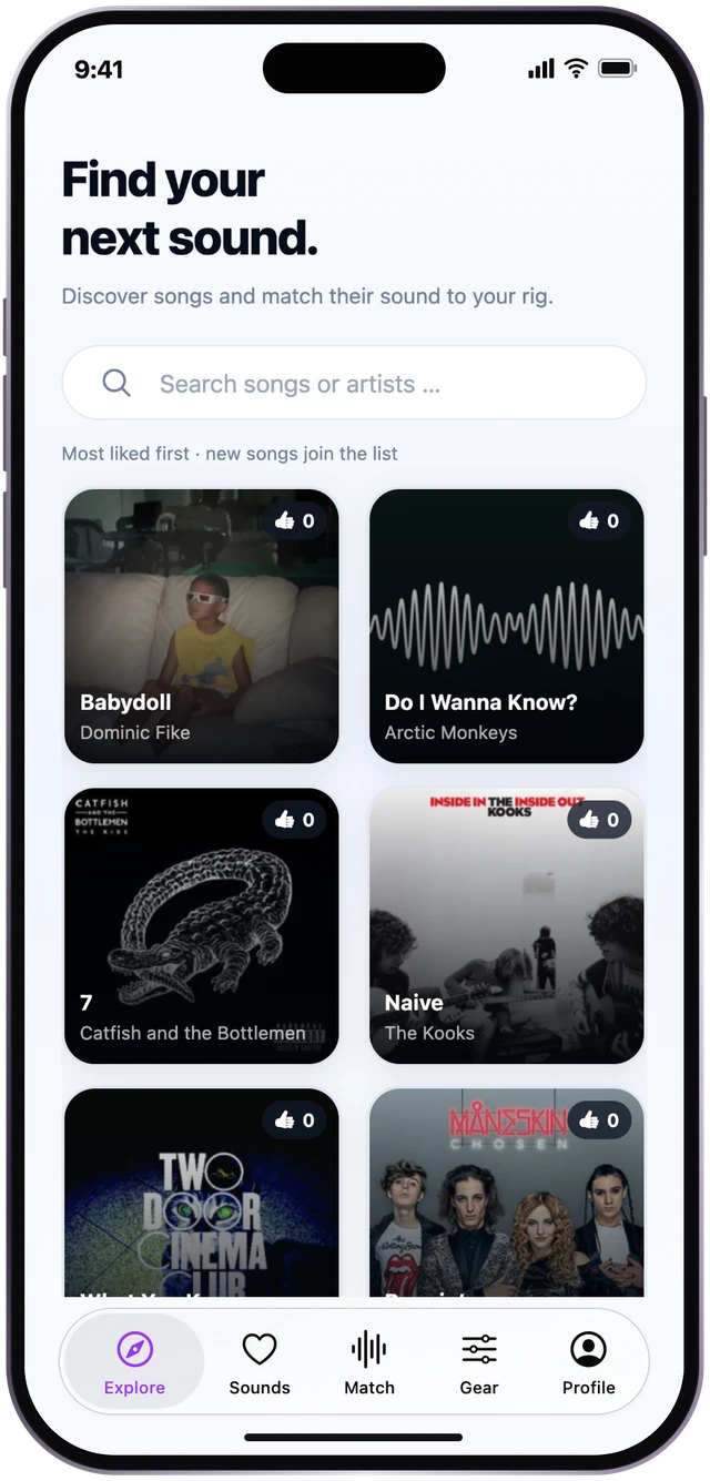 Tone Match Explore screen with songs and artists, shown in an iPhone frame.