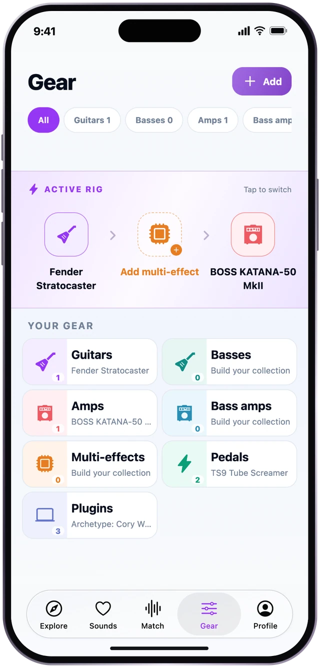 Tone Match Gear screen with an active rig and gear collection, shown in an iPhone frame.