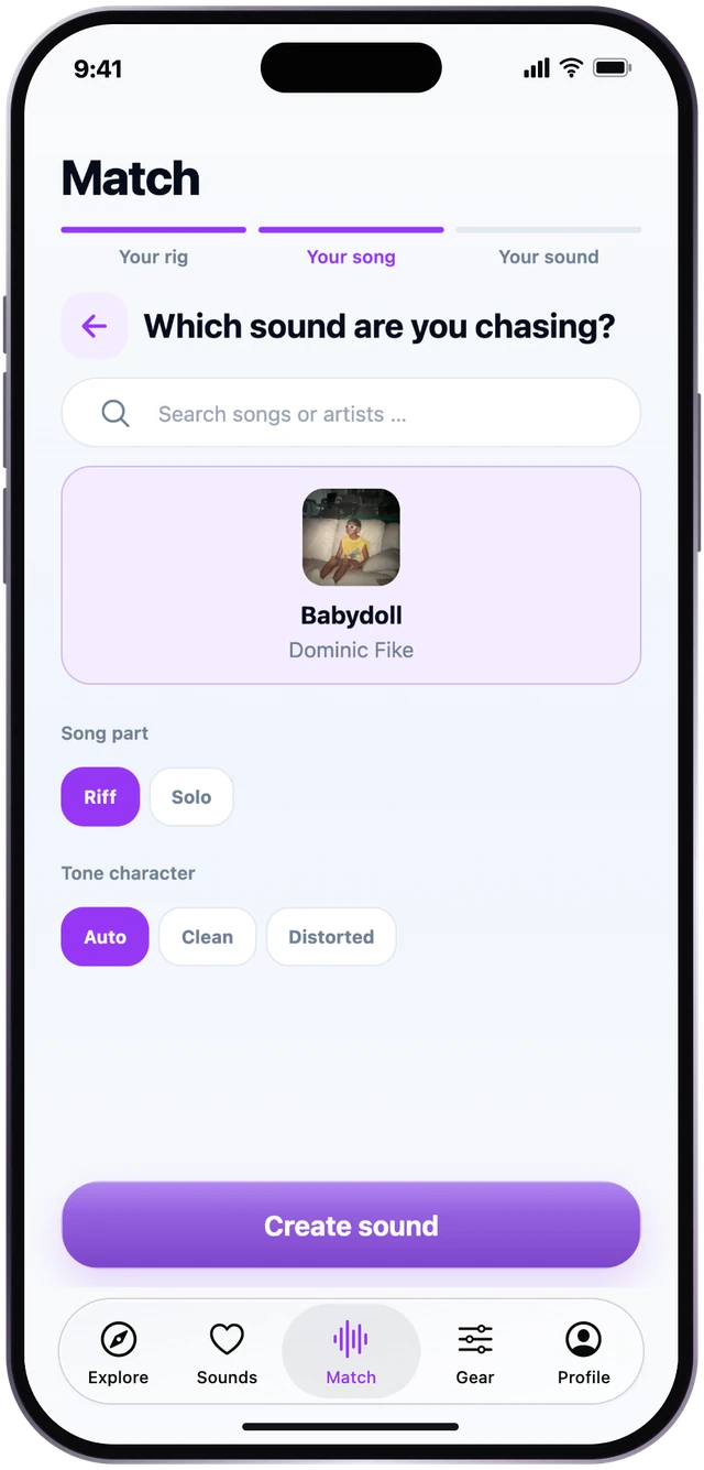 Tone Match song, riff and tone-character selection, shown in an iPhone frame.