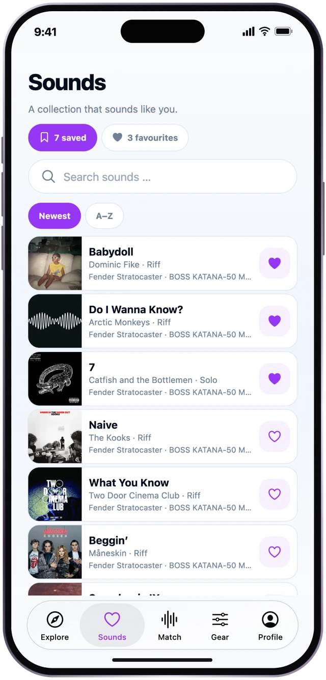 Tone Match saved sounds and favourites, shown in an iPhone frame.