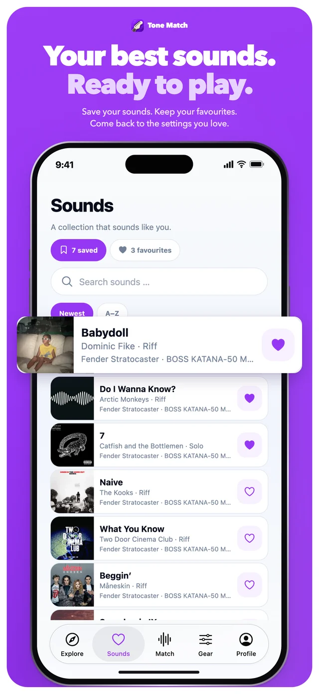 Tone Match Sounds screen with saved settings and favourites.